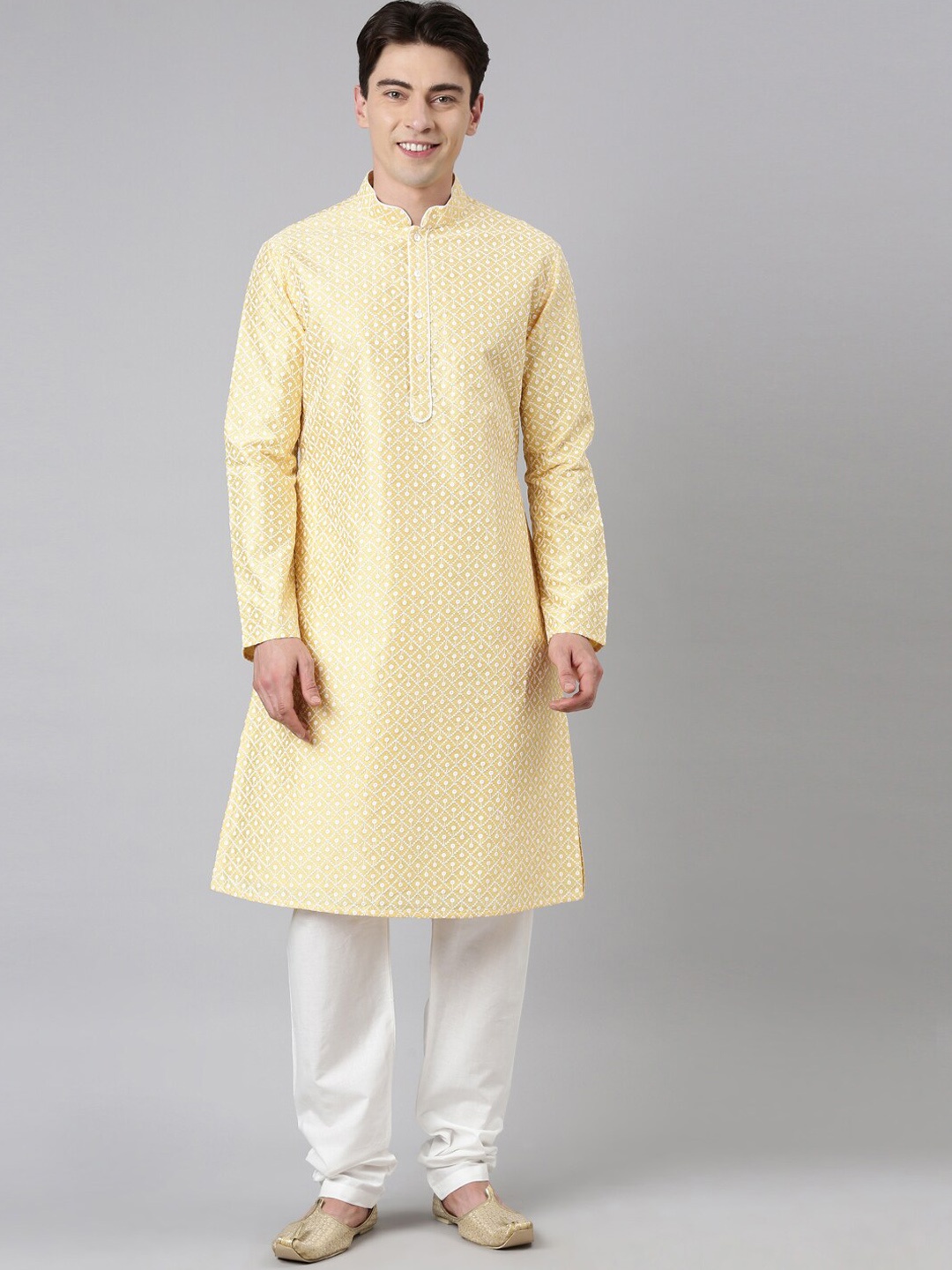 

TheEthnic.Co Ethnic Motifs Embroidered Dupion Silk Kurta With Churidar, Yellow