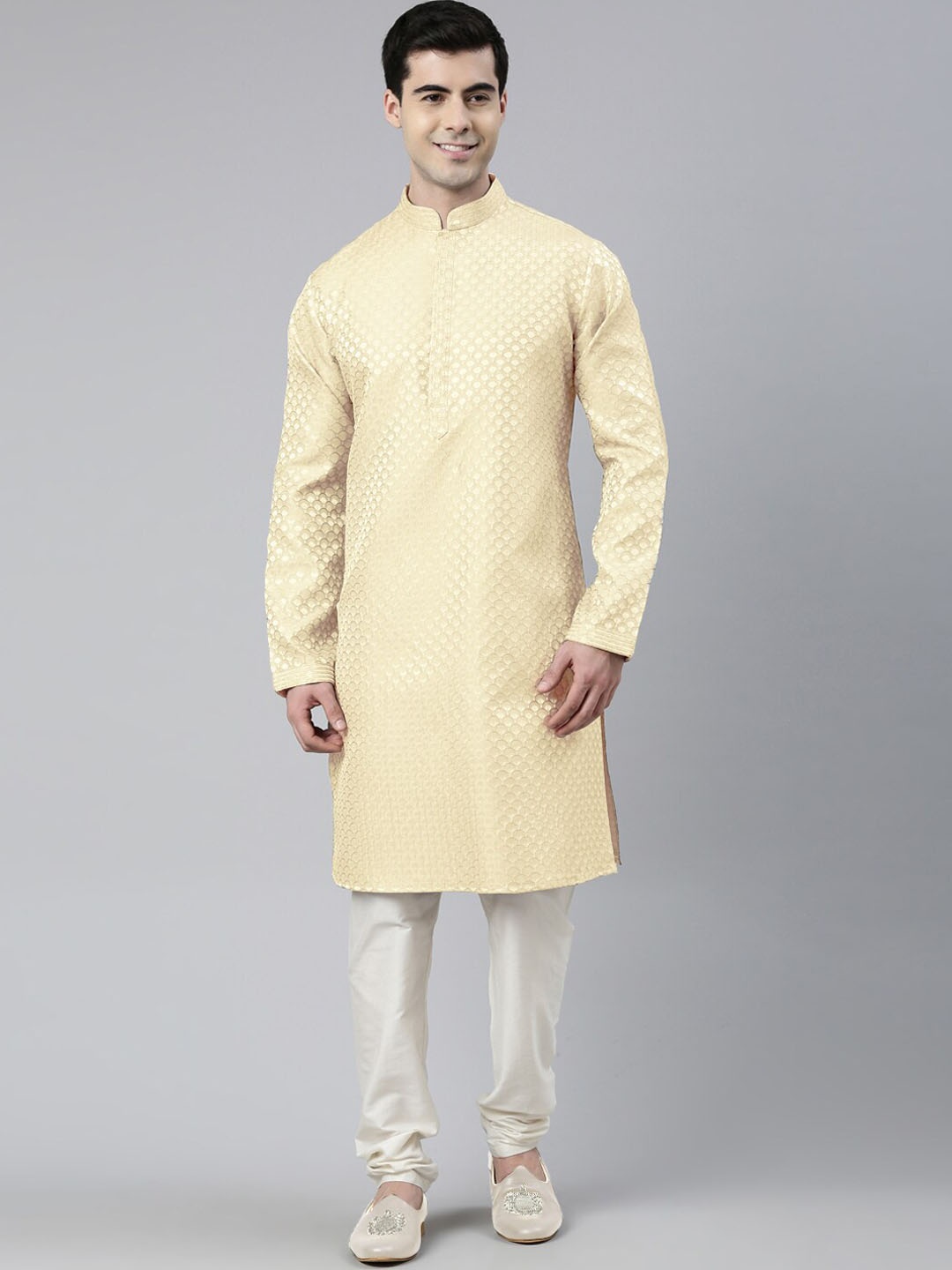 

TheEthnic.Co Geometric Woven Design Mandarin Collar Kurta With Churidar, Cream