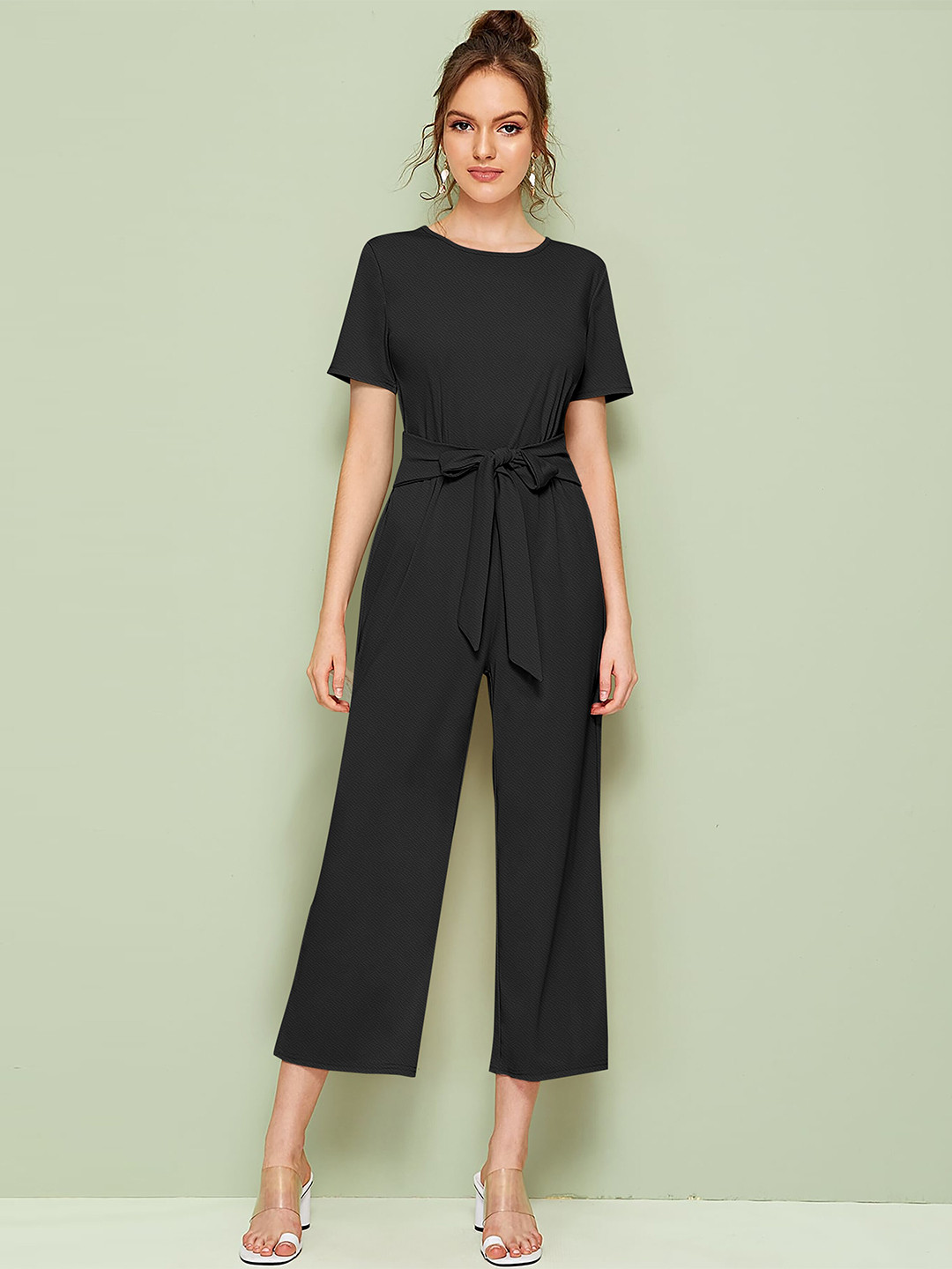 

FAVRIZ Round Neck Basic Jumpsuit With Waist Tie-Ups, Black