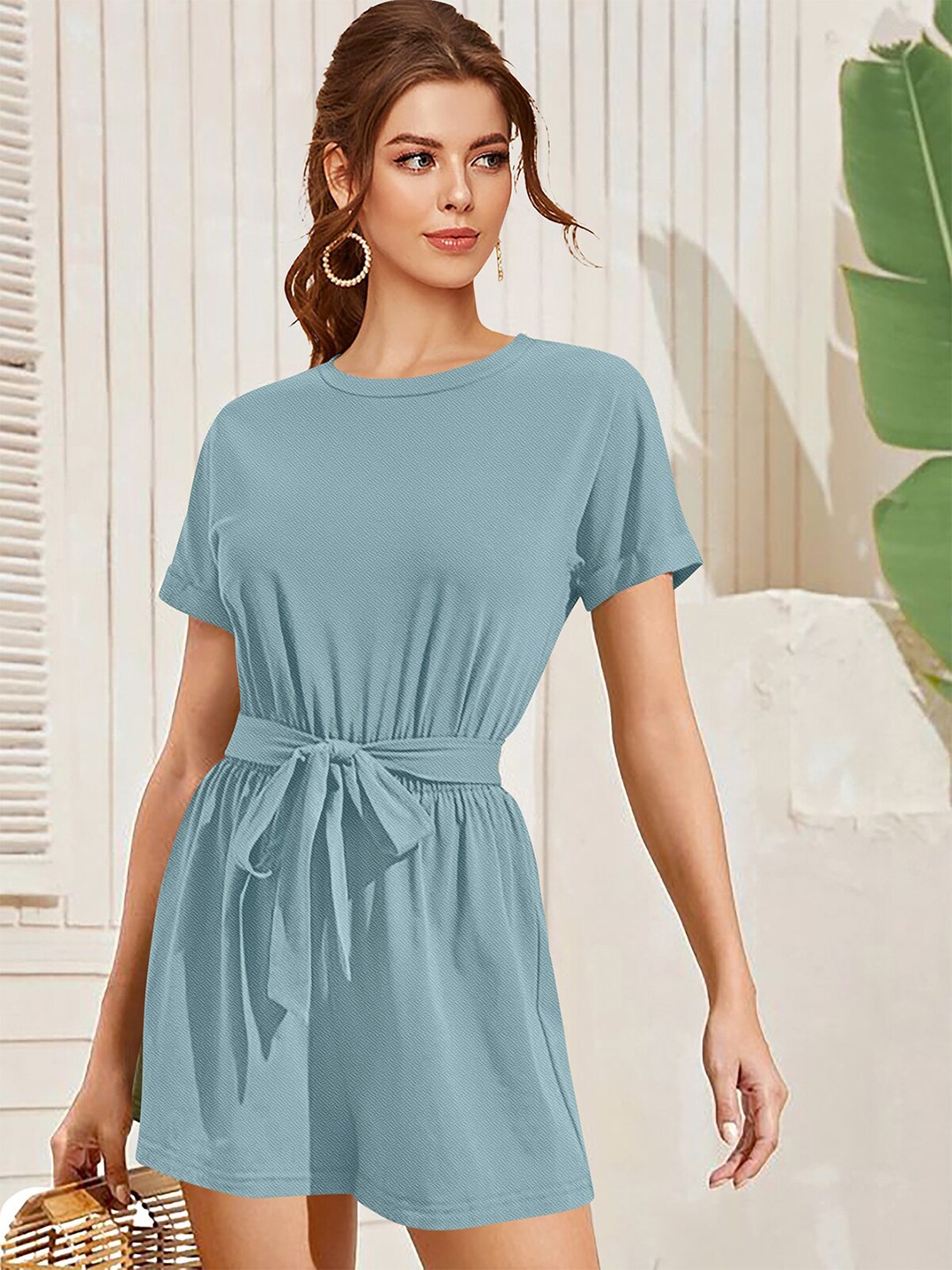 

FAVRIZ Self Design Round Neck Shirt Sleeves Waist Tie Ups Playsuit Jumpsuit, Sea green