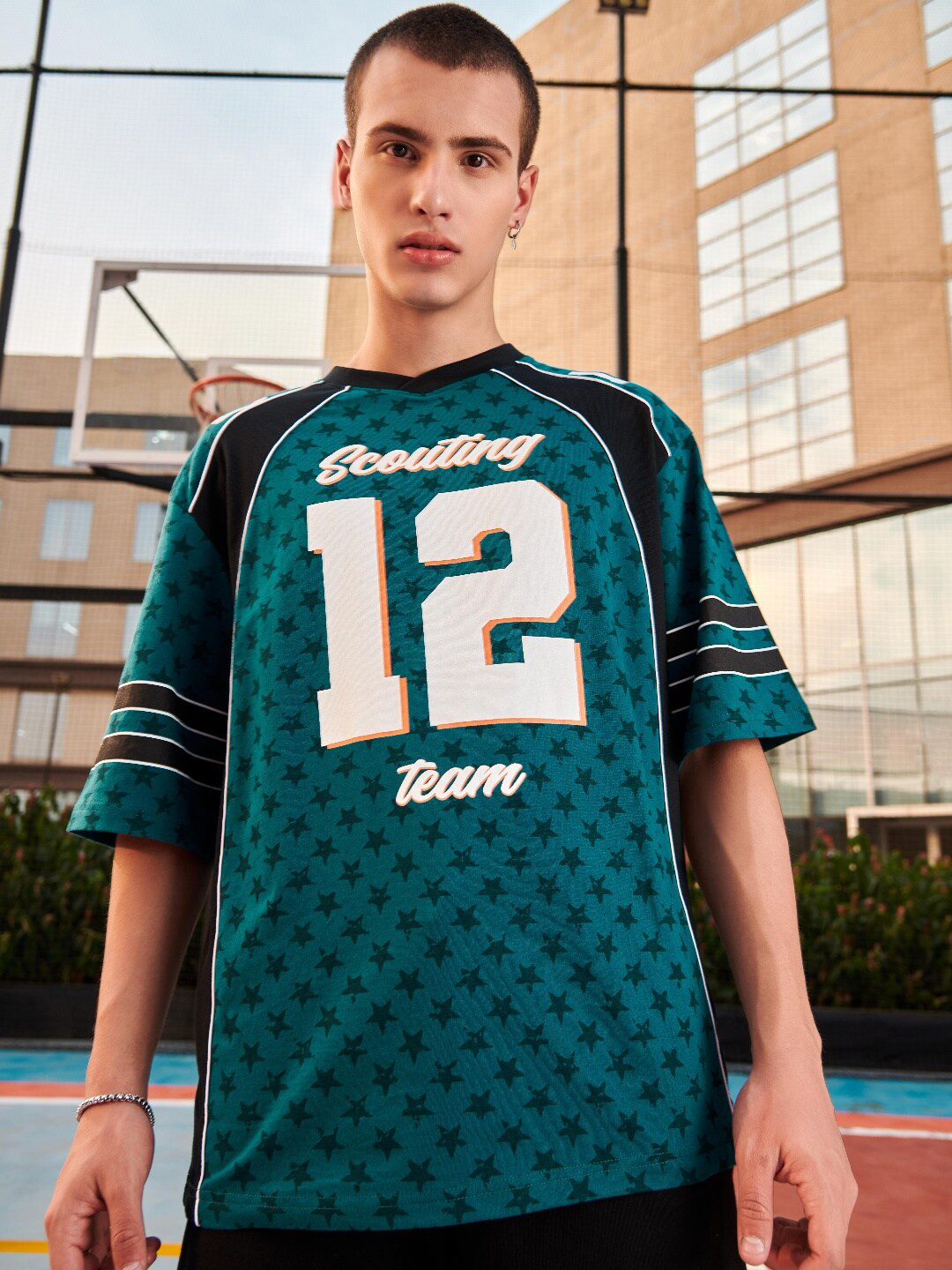 

Bewakoof Plus Varsity Printed Drop-Shoulder Oversized Cotton Sports T-shirt, Green