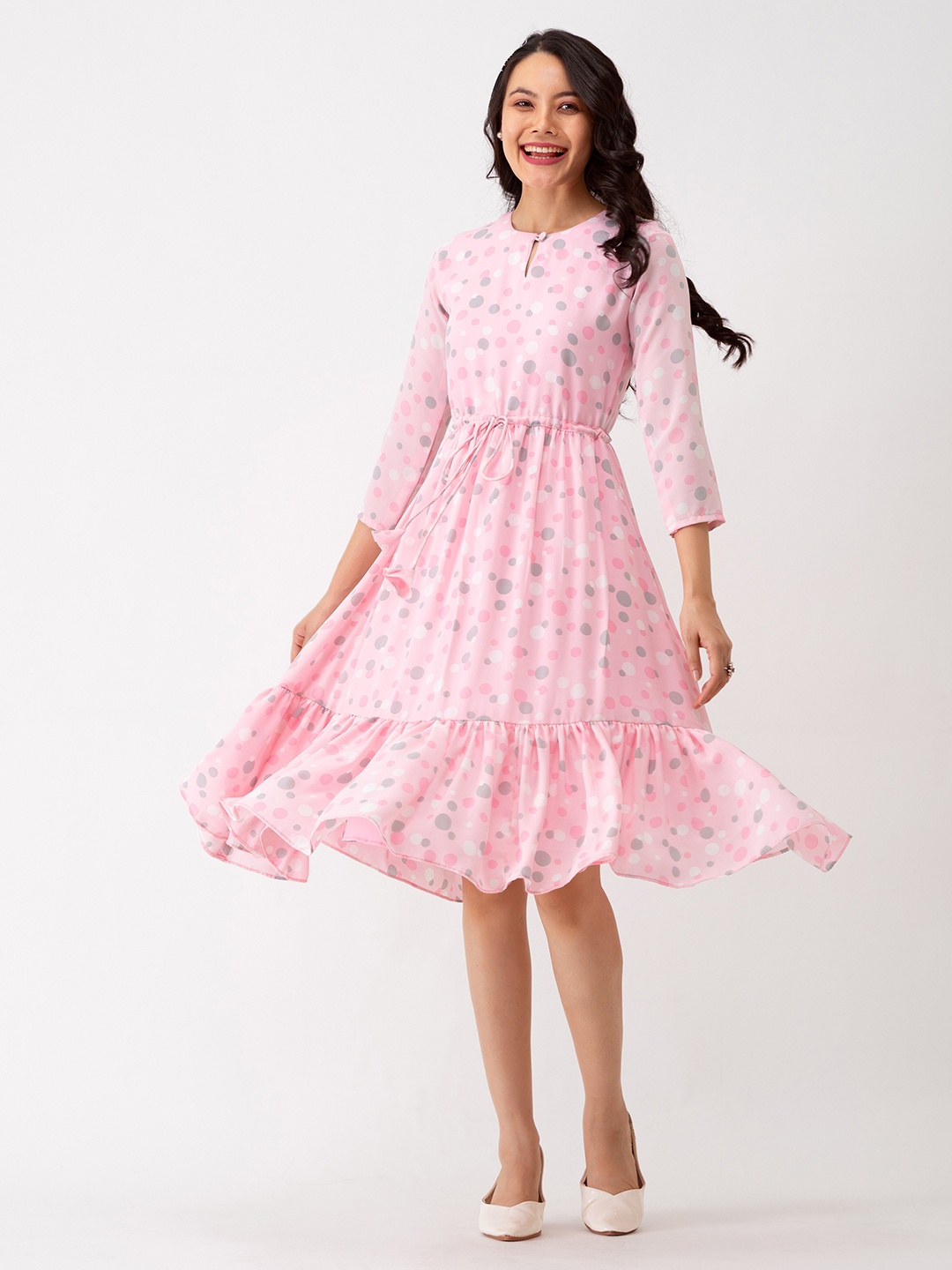 

AASK Polkia dots Print Crepe Fit & Flare Dress, Pink