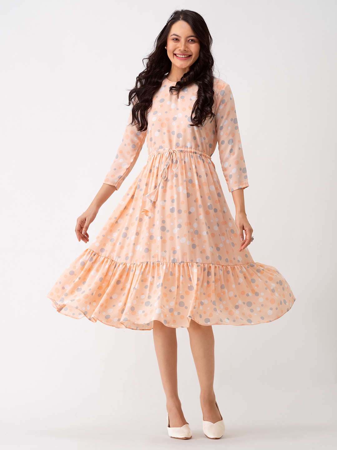 AASK Polka Dots Floral Printed Tie Up Crepe A-Line Dress, Orange