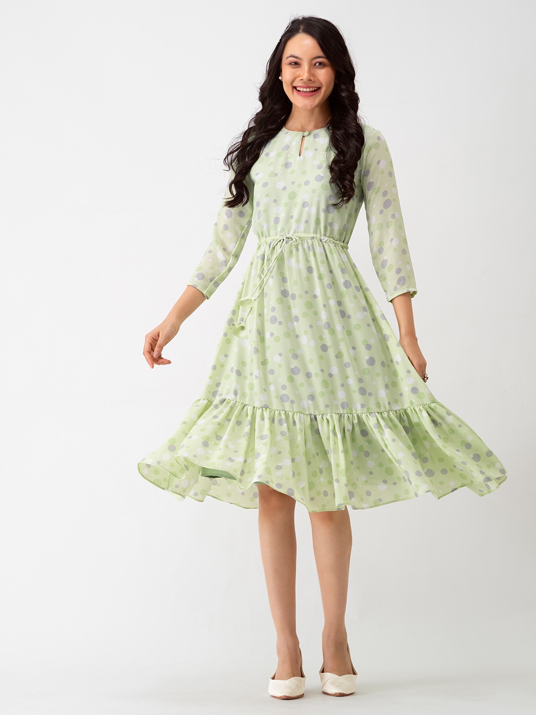 

AASK Polka Dots Floral Printed Tie Up Crepe A-Line Dress, Green