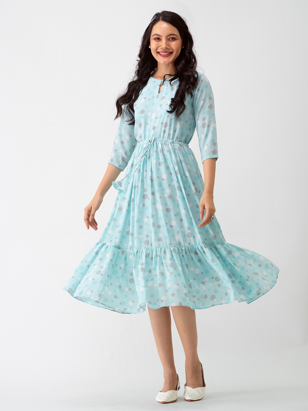 

AASK Polka Dots Floral Printed Tie Up Crepe A-Line Dress, Blue