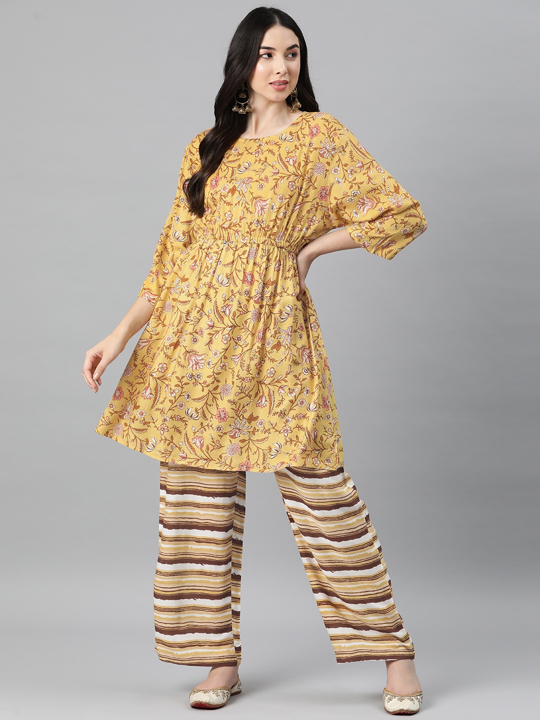 Rang Gali Floral Printed Pleated Pure Cotton Tunic with Palazzos, Yellow