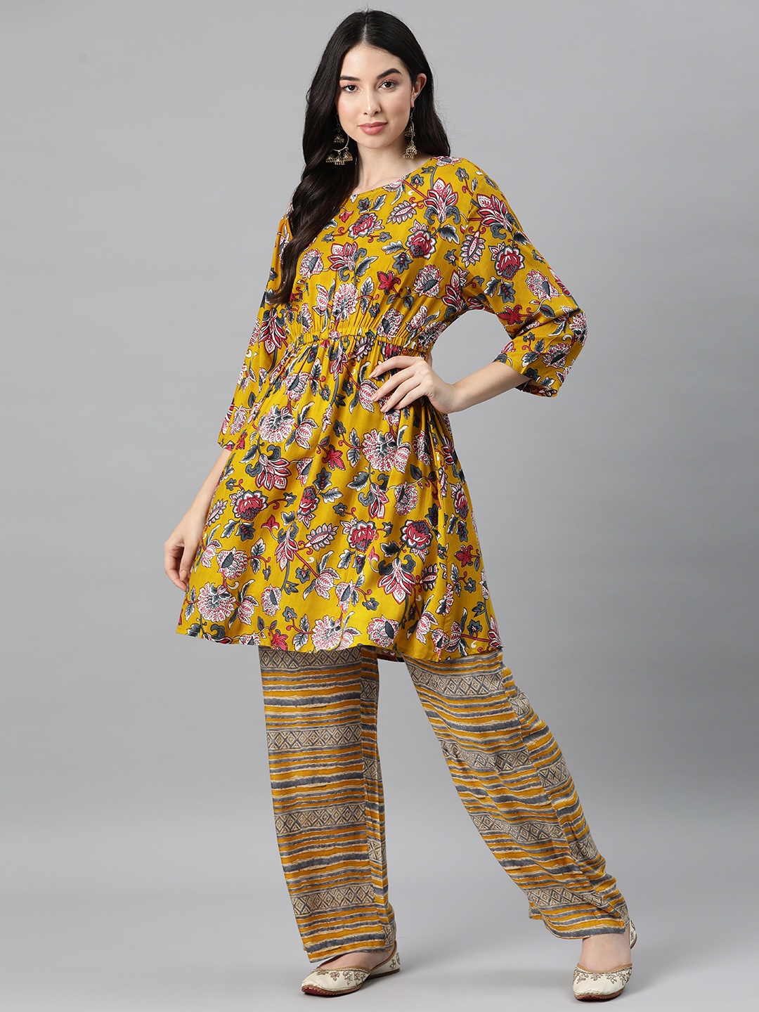 Rang Gali Floral Printed Pleated Pure Cotton Tunic with Palazzos, Mustard