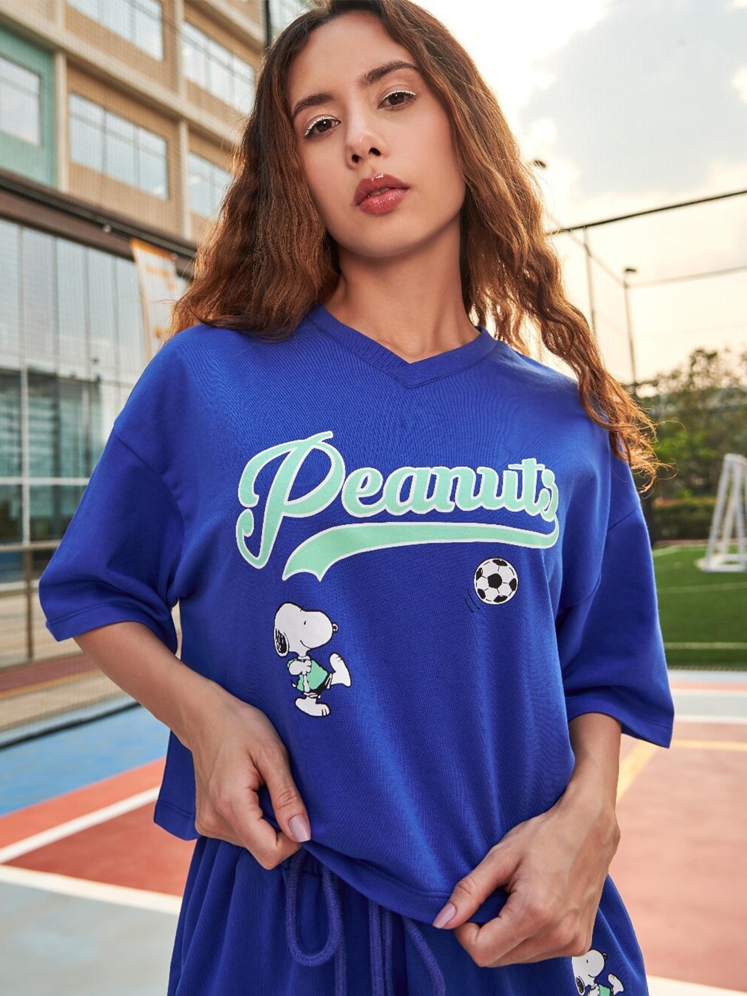 

Bewakoof Blue Snoopy Typography Printed V-Neck Loose Fit Cotton T-shirt