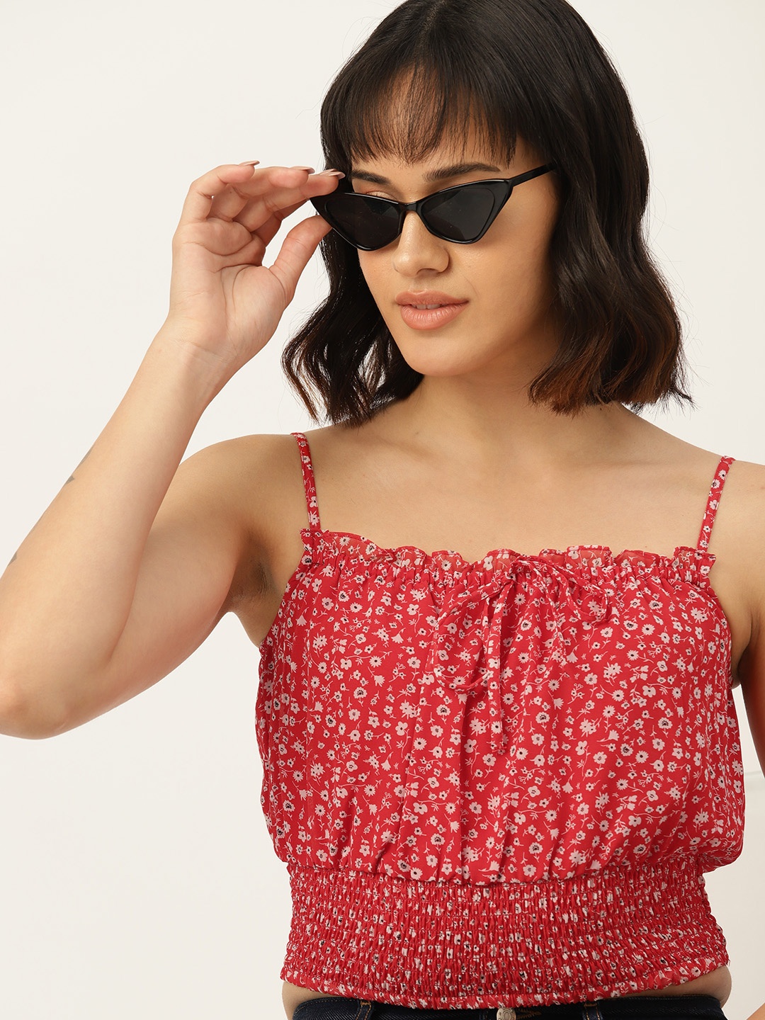 

DressBerry Floral Print Smocked Georgette Crop Top, Red