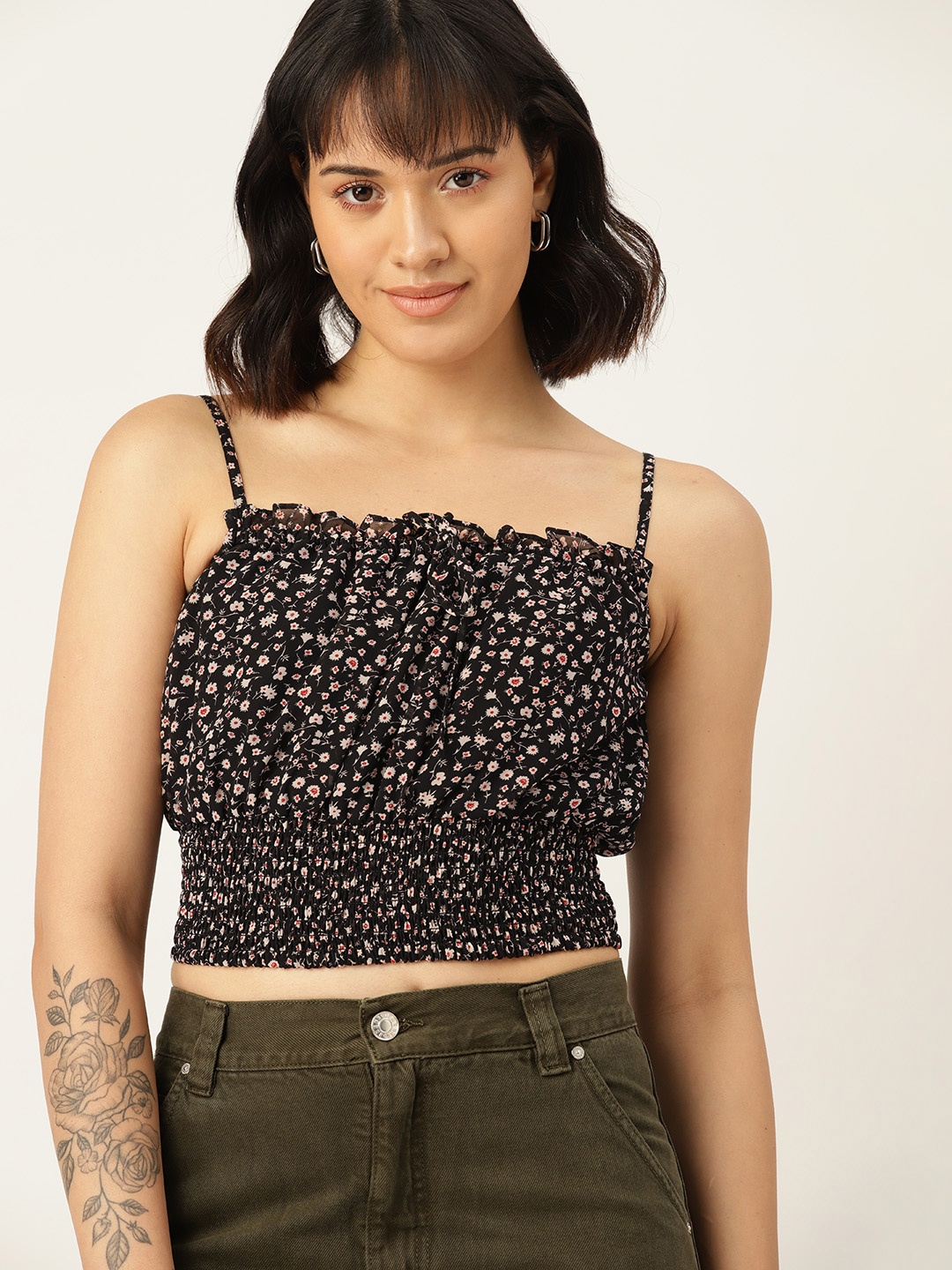 

DressBerry Floral Print Georgette Crop Top, Black