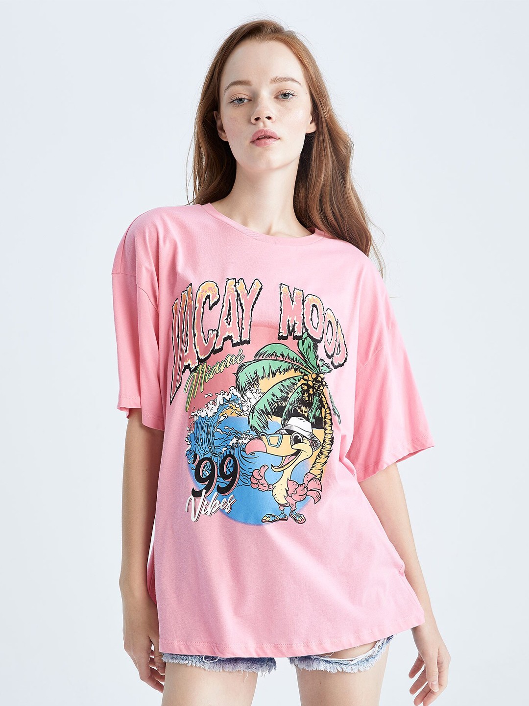 

DeFacto Printed Drop-Shoulder Sleeves Pure Cotton T-shirt, Pink