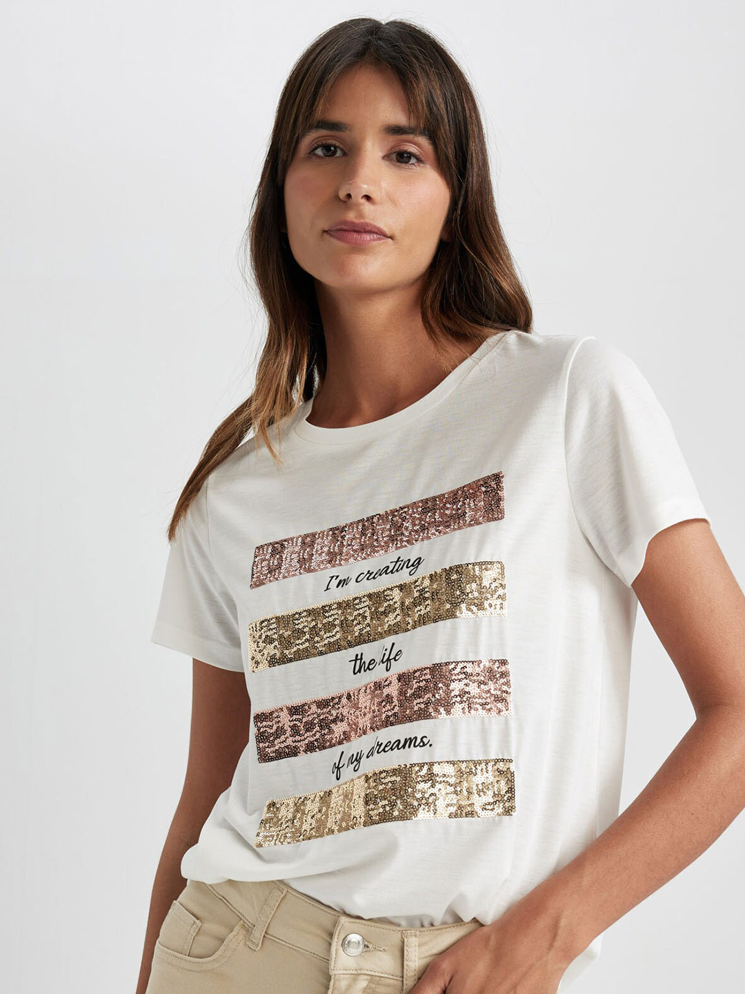 

DeFacto Typography Printed Embellished T-shirt, White