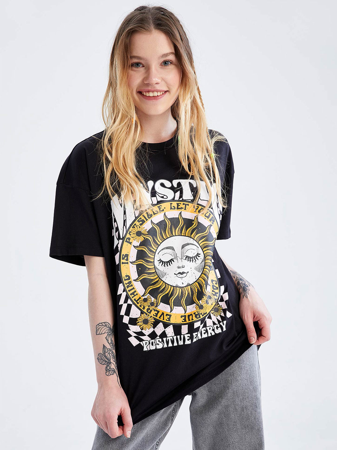 

DeFacto Typography Printed Drop-Shoulder Sleeves Pure Cotton T-shirt, Black