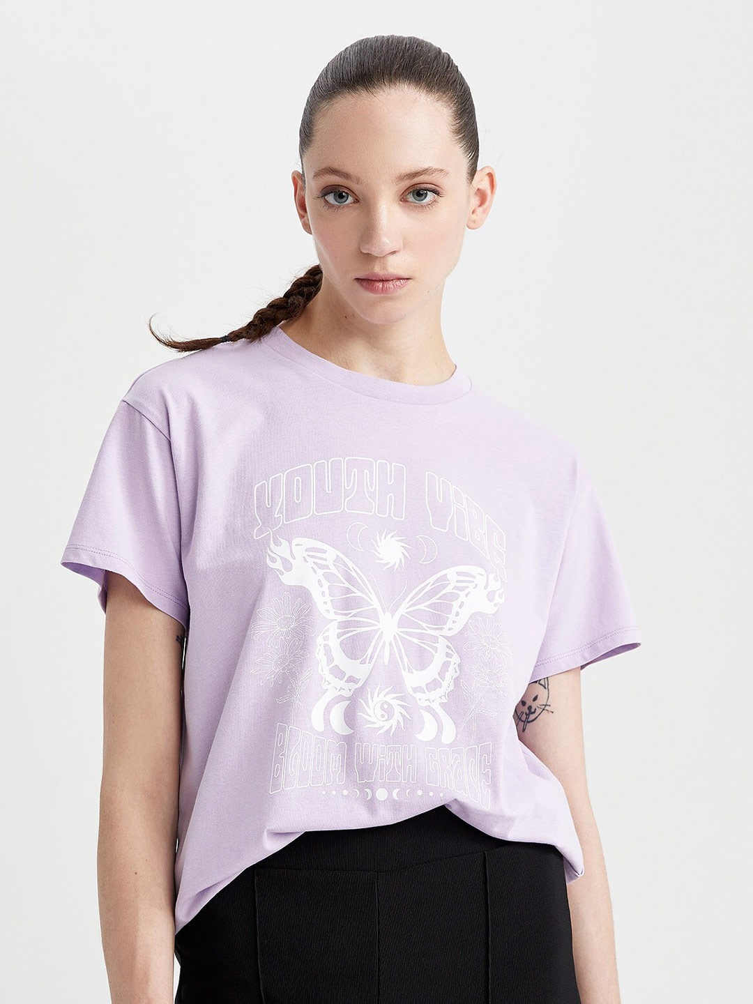 

DeFacto Typography Printed Pure Cotton T-shirt, Lavender