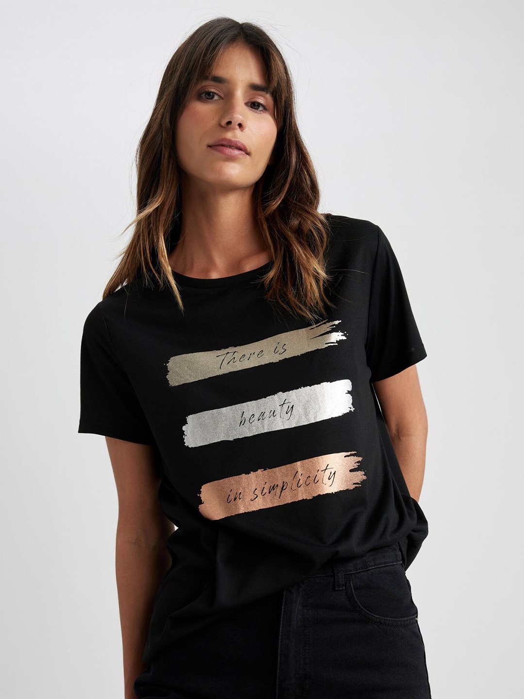 

DeFacto Typography Printed Round Neck T-shirt, Black