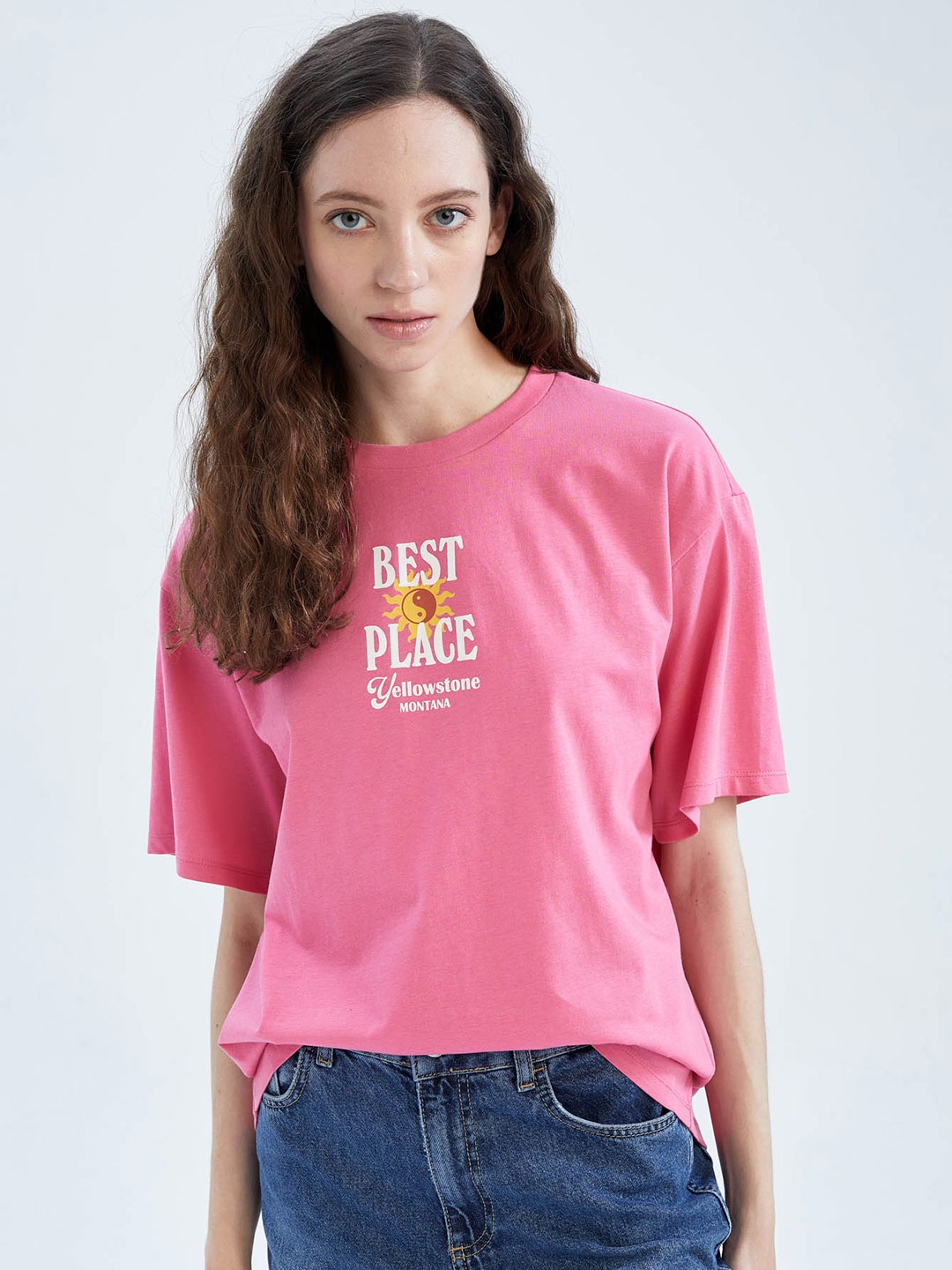 

DeFacto Typography Printed Drop-Shoulder Sleeves Pure Cotton T-shirt, Pink