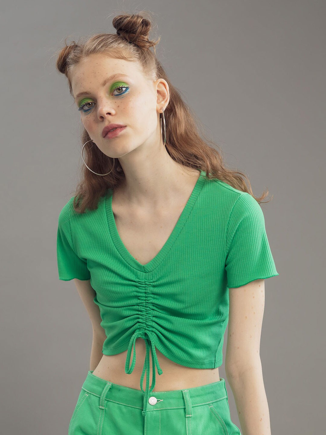 

DeFacto Women Cotton V-Neck Crop T-shirt, Green