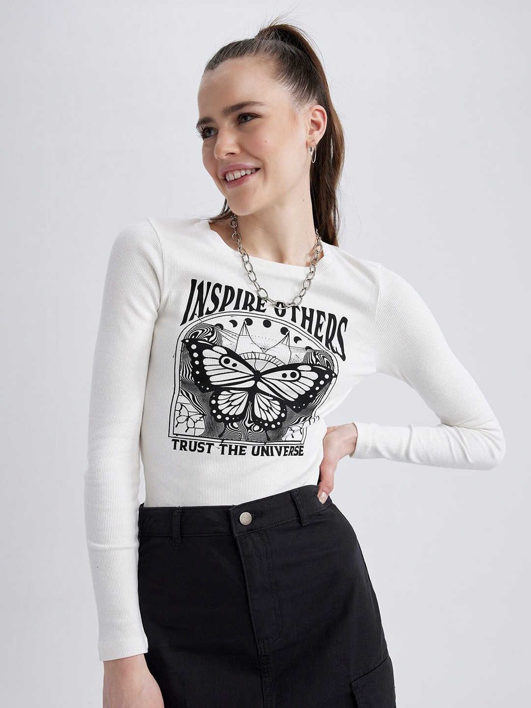 

DeFacto Women Typography Printed Cotton T-shirt, White
