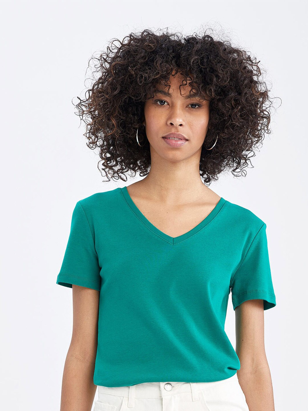 

DeFacto Women V-Neck Cotton Regular Fit T-shirt, Green