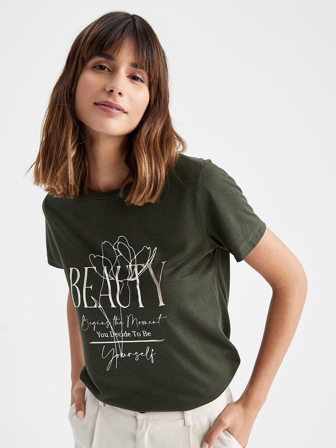 

DeFacto Typography Printed T-shirt, Khaki
