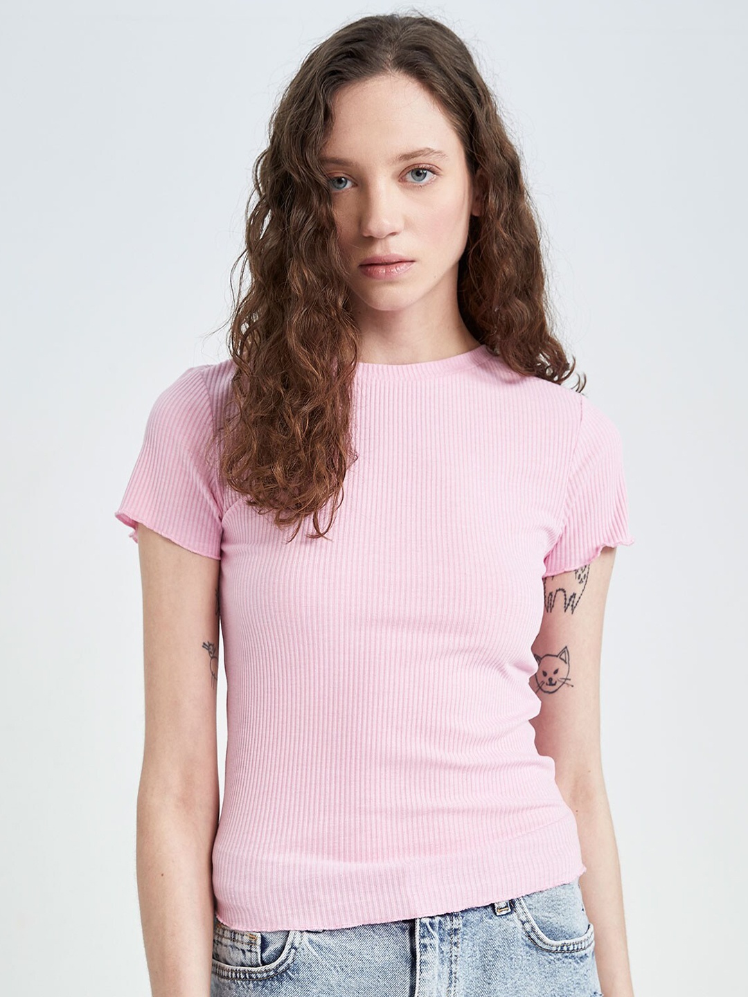 

DeFacto Round Neck Ribbed T-shirt, Pink