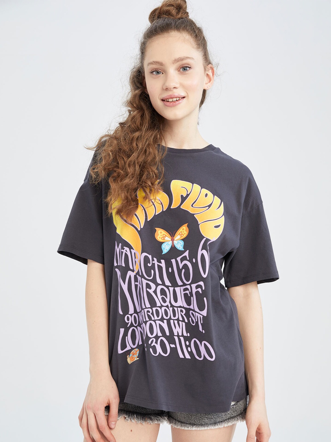 

DeFacto Typography Printed Pure Cotton T-shirt, Grey