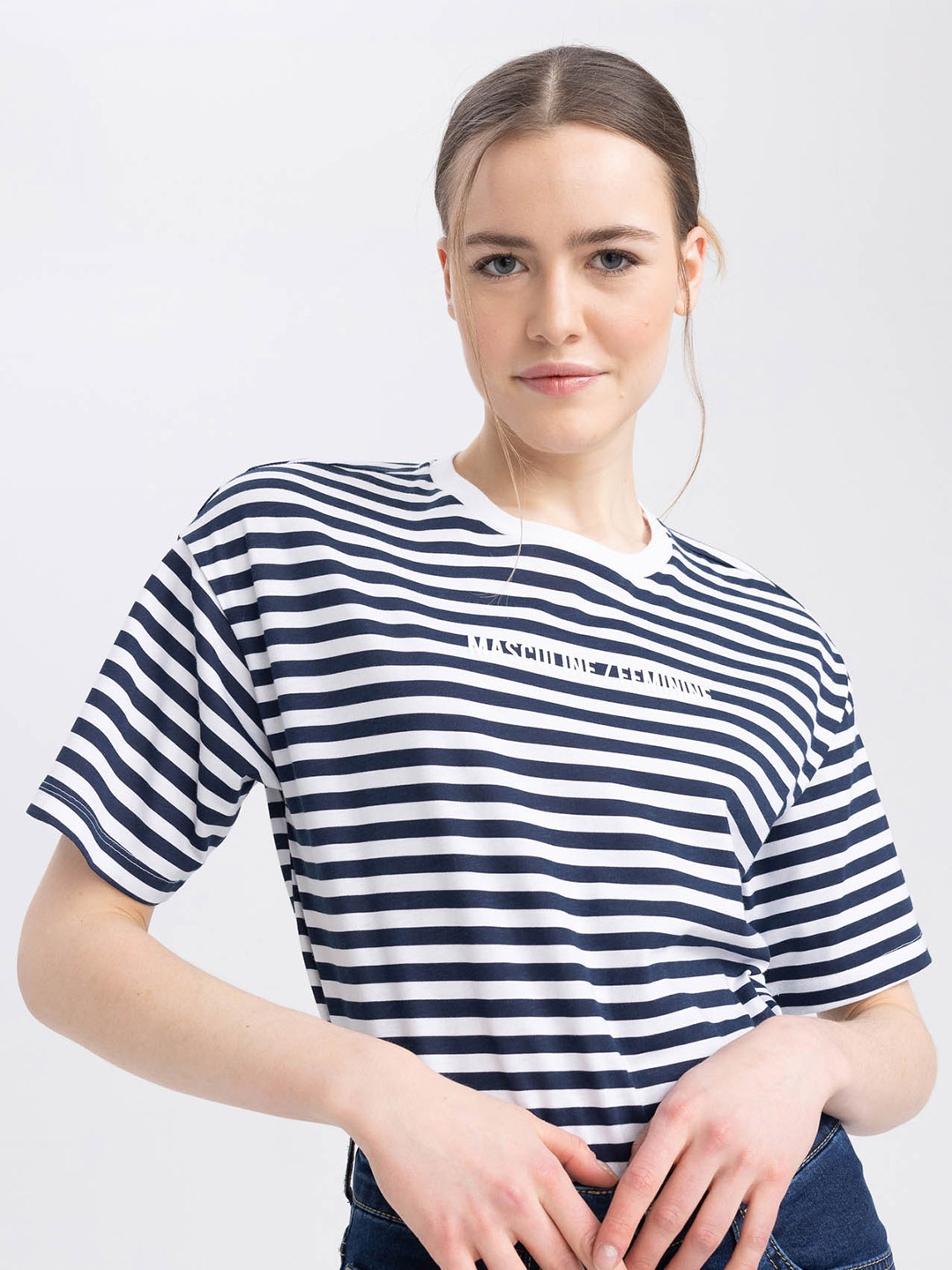 

DeFacto Women Striped Cotton Drop-Shoulder Sleeves T-shirt, Blue