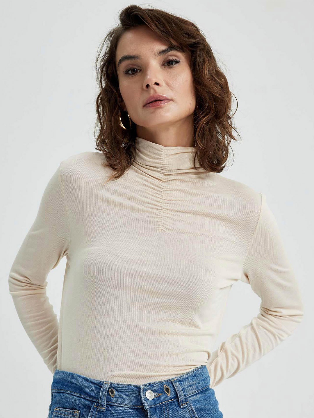 

DeFacto High-Neck Long Sleeve Gather & Pleated Top, Cream