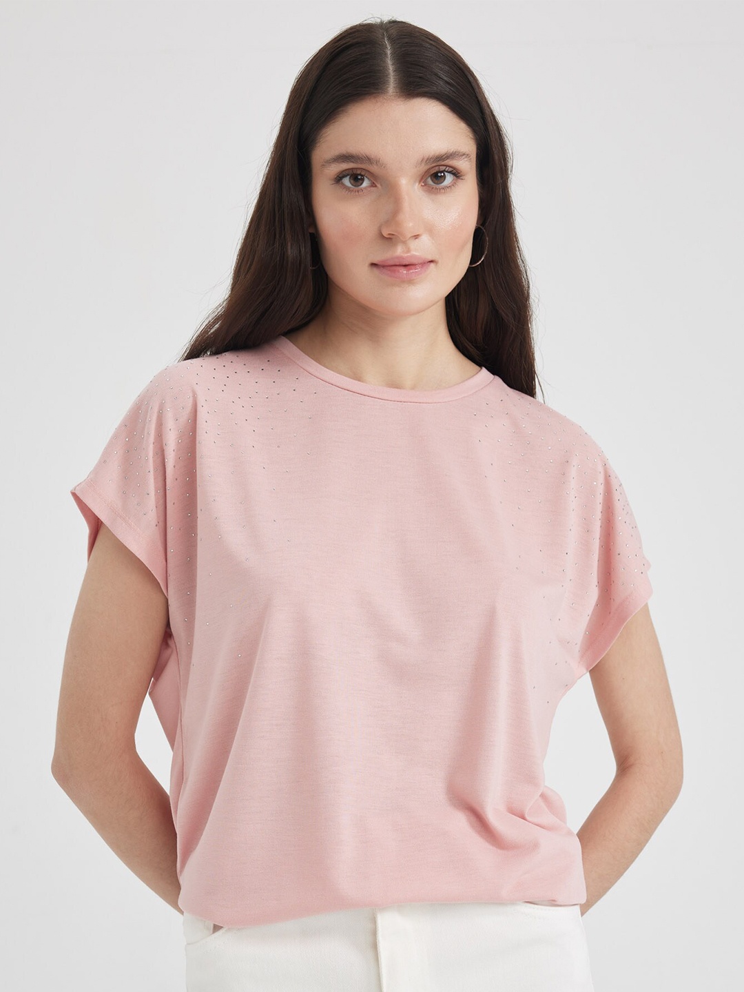 

DeFacto Round Neck Extended Sleeves Embellished T-shirt, Pink