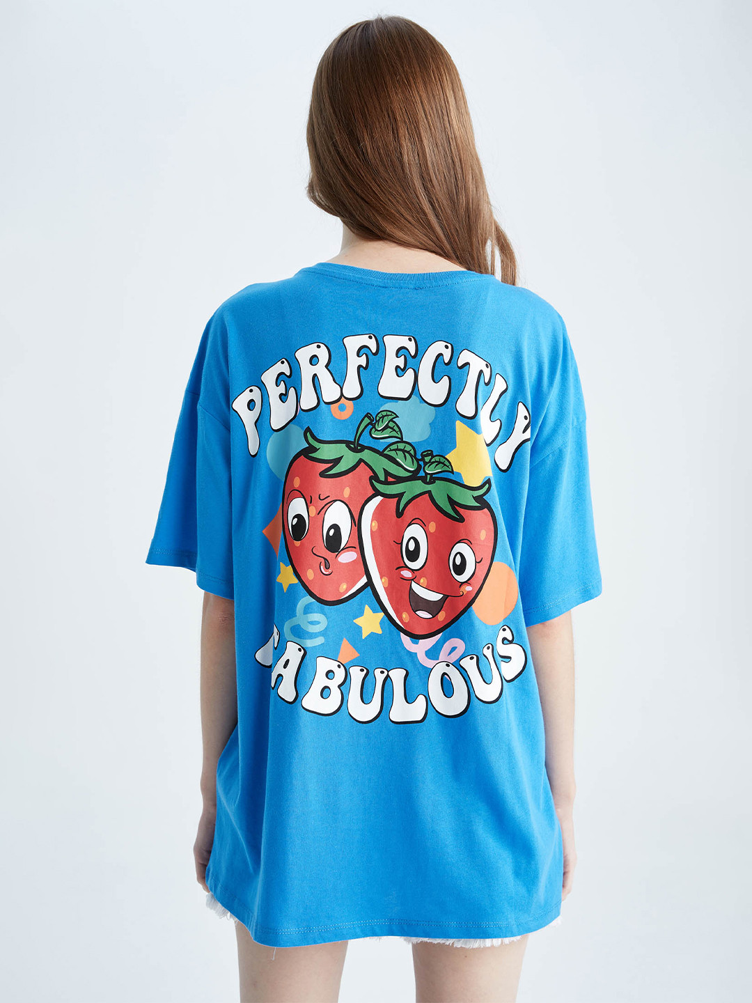 

DeFacto Women Graphic Printed Cotton Drop-Shoulder Sleeves Longline T-shirt, Blue