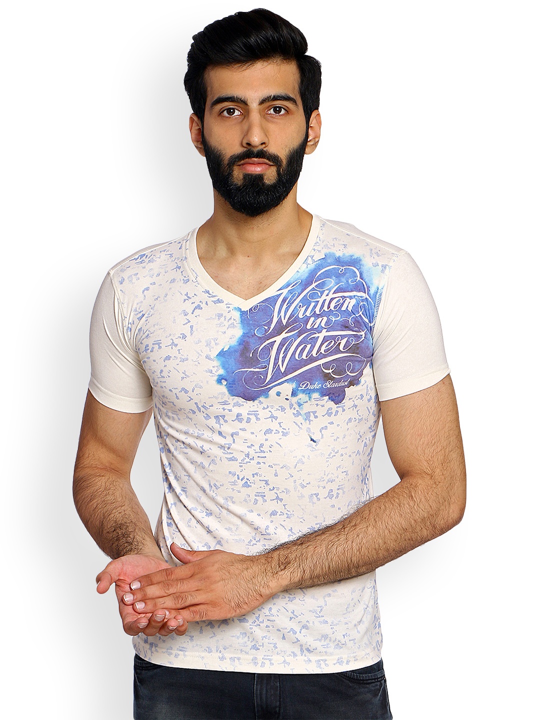 

Duke Men Off-White Printed V-Neck T-shirt