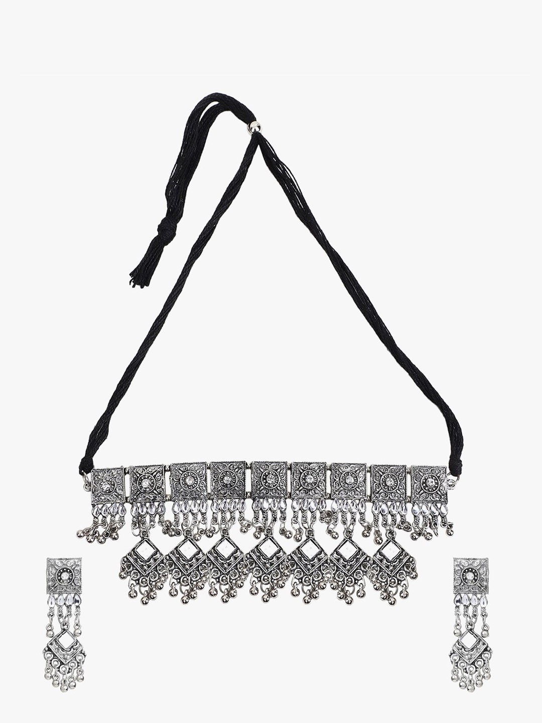 

KACY Silver-Plated Oxidised Stone Studded & Beaded Jewellery Set