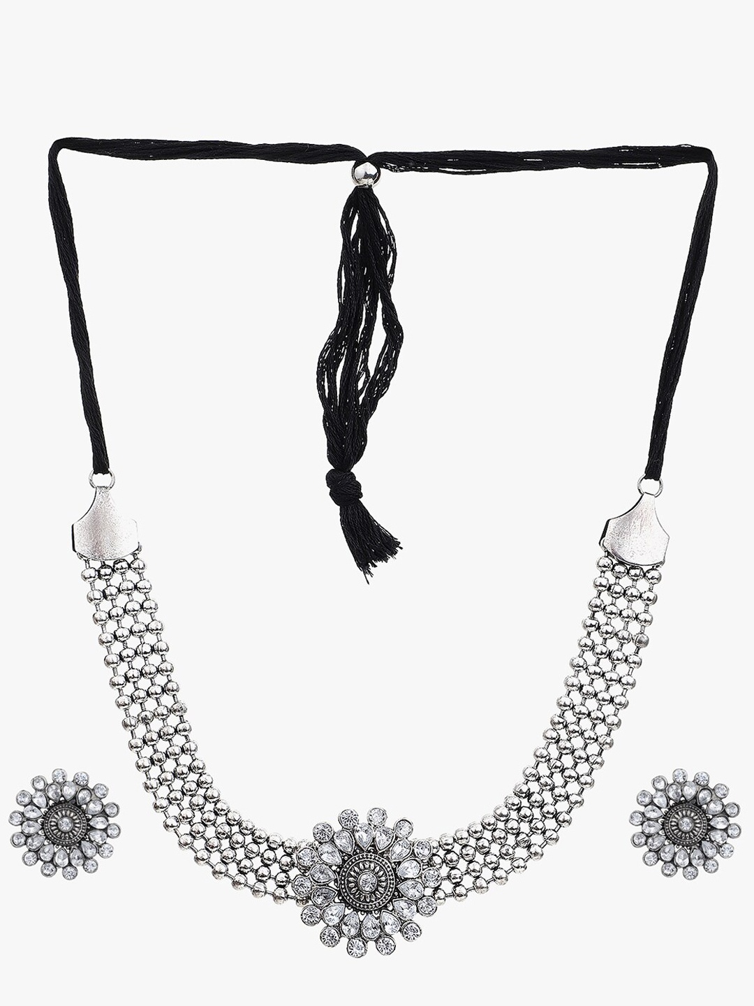 

KACY Silver-Plated Oxidised Stone Studded & Beaded Jewellery Set