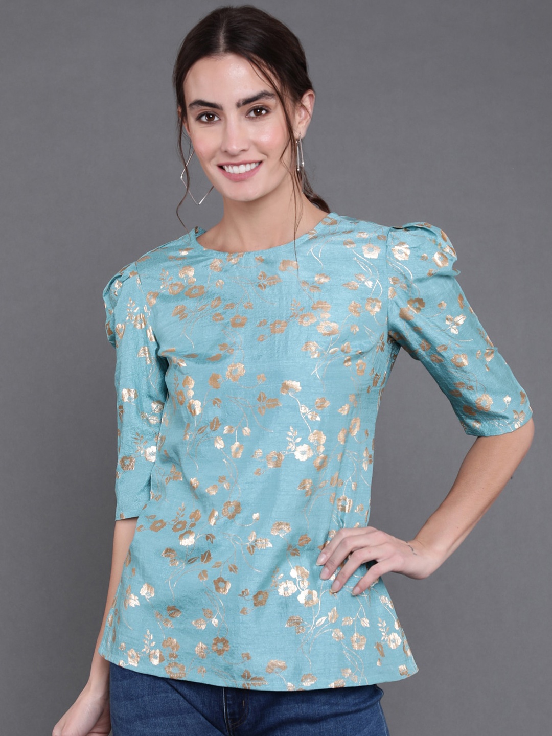 

antaran Floral Printed Puff Sleeves Top, Blue