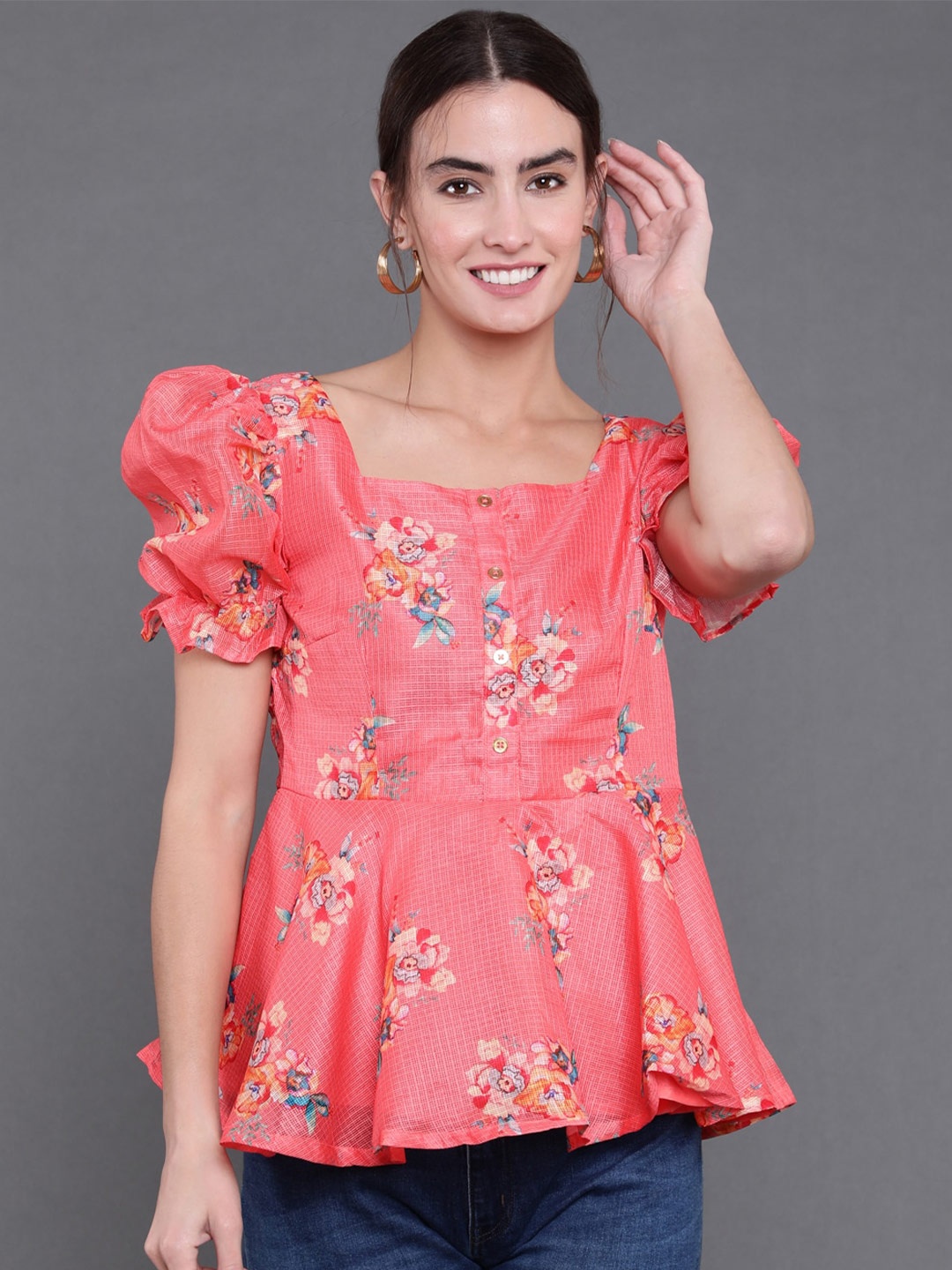 

antaran Floral Printed Square Neck Puff Sleeves Cotton Peplum Top, Coral