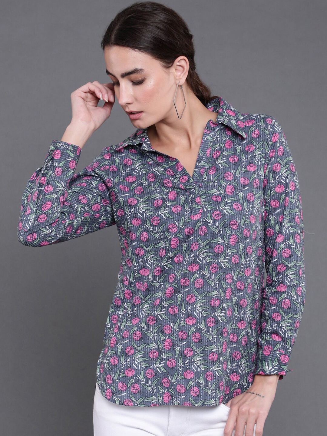 

antaran Floral Printed Shirt Collar Cotton Top, Grey