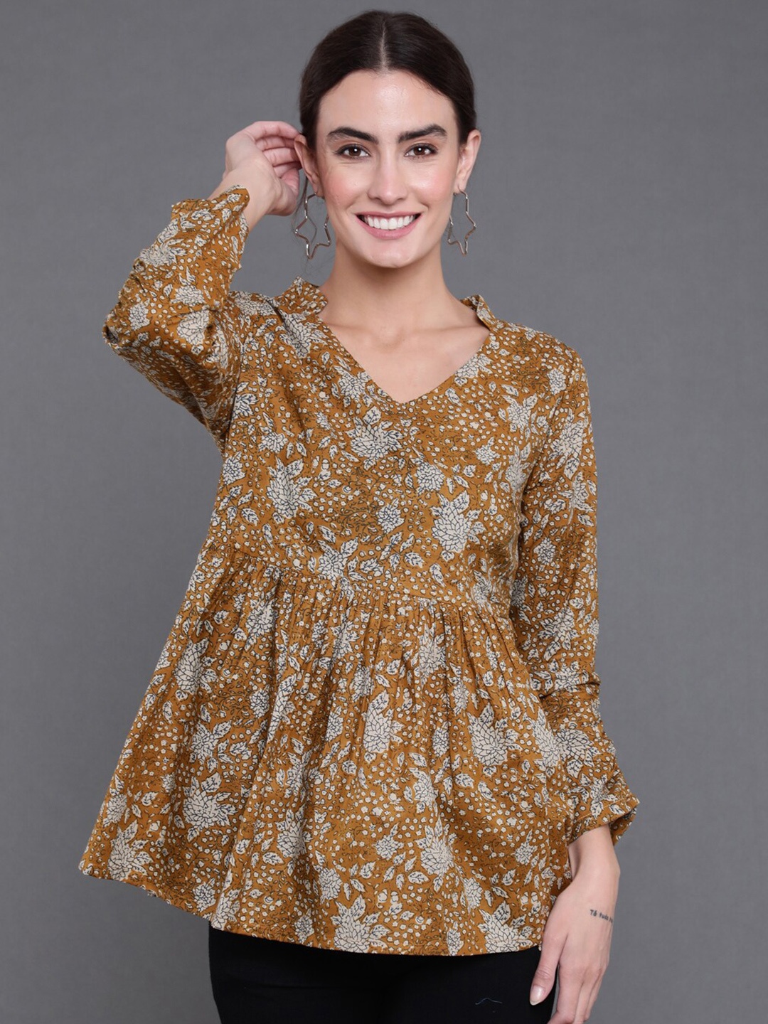 

antaran Foral Printed Cotton Tunic, Mustard