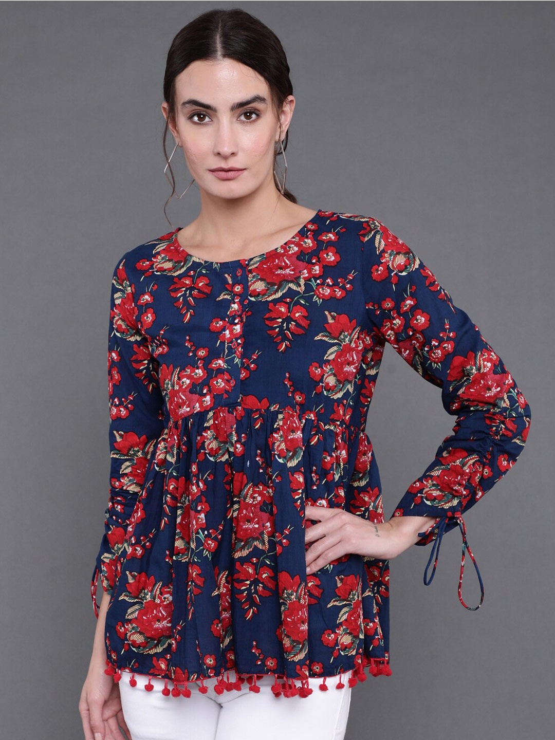 

antaran Foral Printed Cotton Tunic, Navy blue