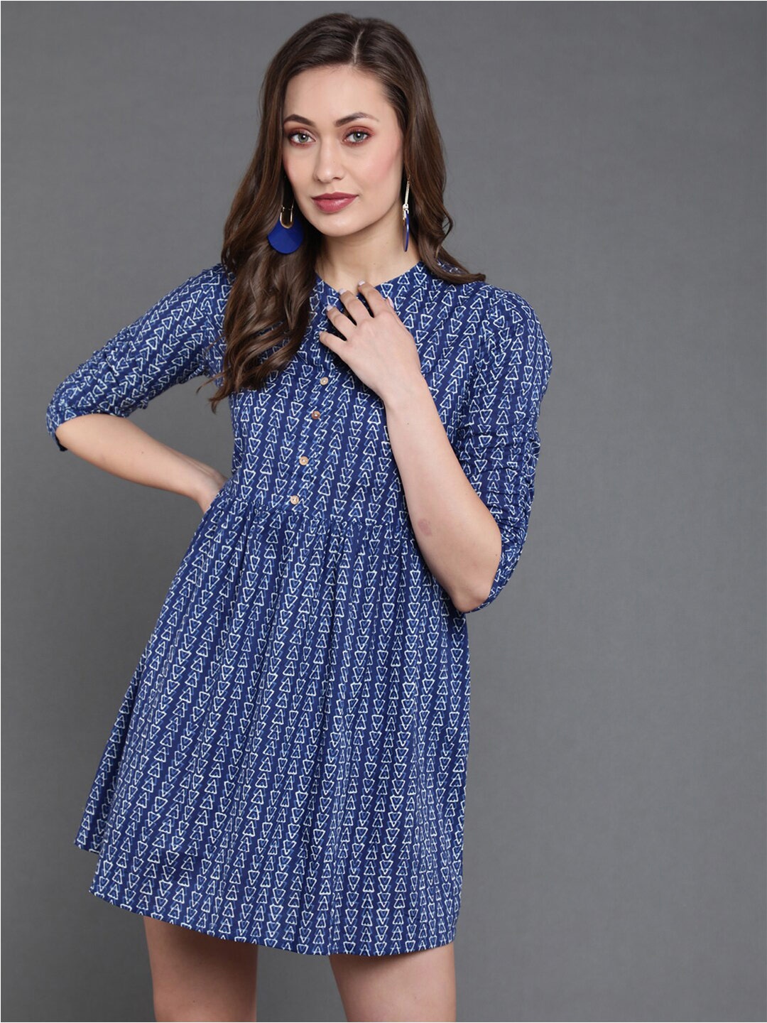 

antaran Geometric Print Mandarin Collar Cotton Dress, Blue