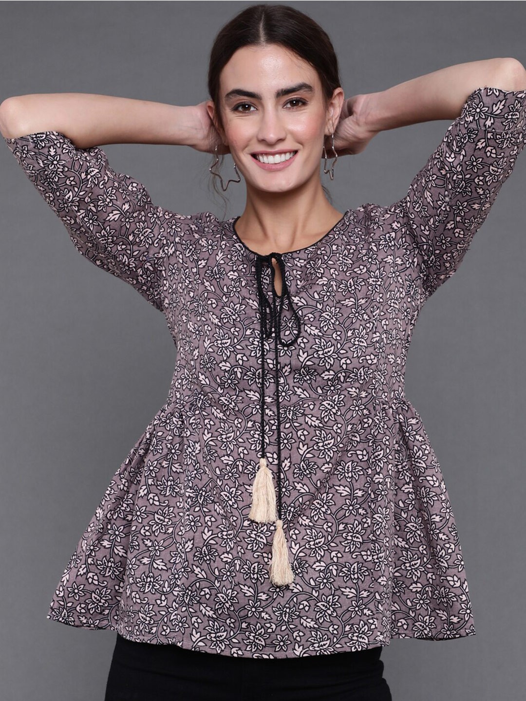 

antaran Floral Printed Tie-Up Neck Tunic, Grey