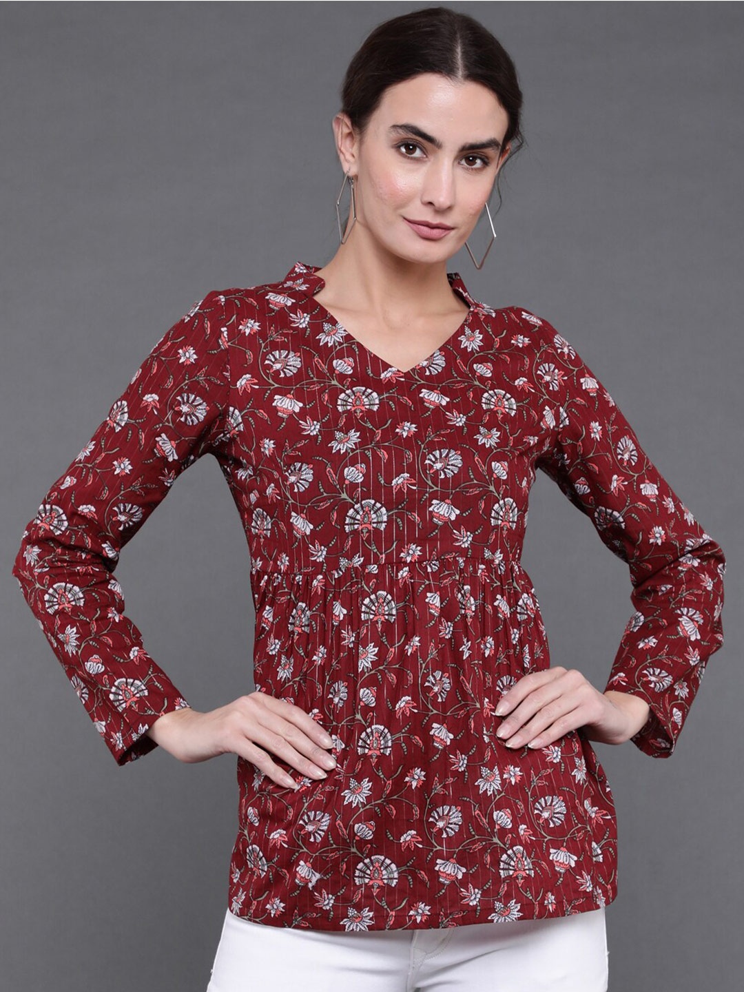 

antaran Floral Printed Tunic With Gather Details, Maroon