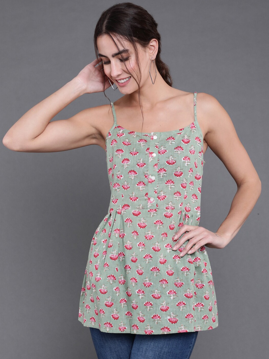 

antaran Floral Print Cotton Top, Green