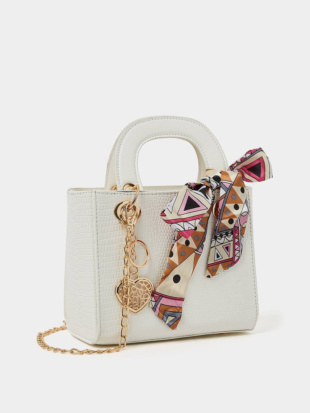 

Styli Heart Embellished Chain Detail Satchel Bag with Ribbon, Off white