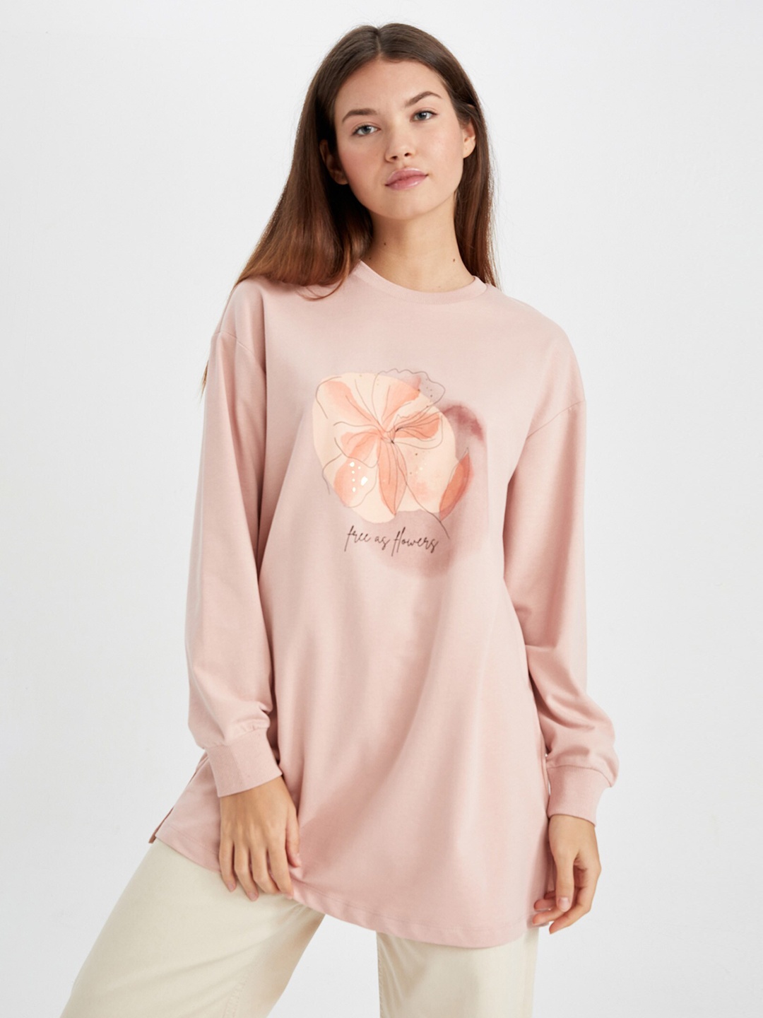

DeFacto Women Floral Printed Longline Sweatshirt, Peach