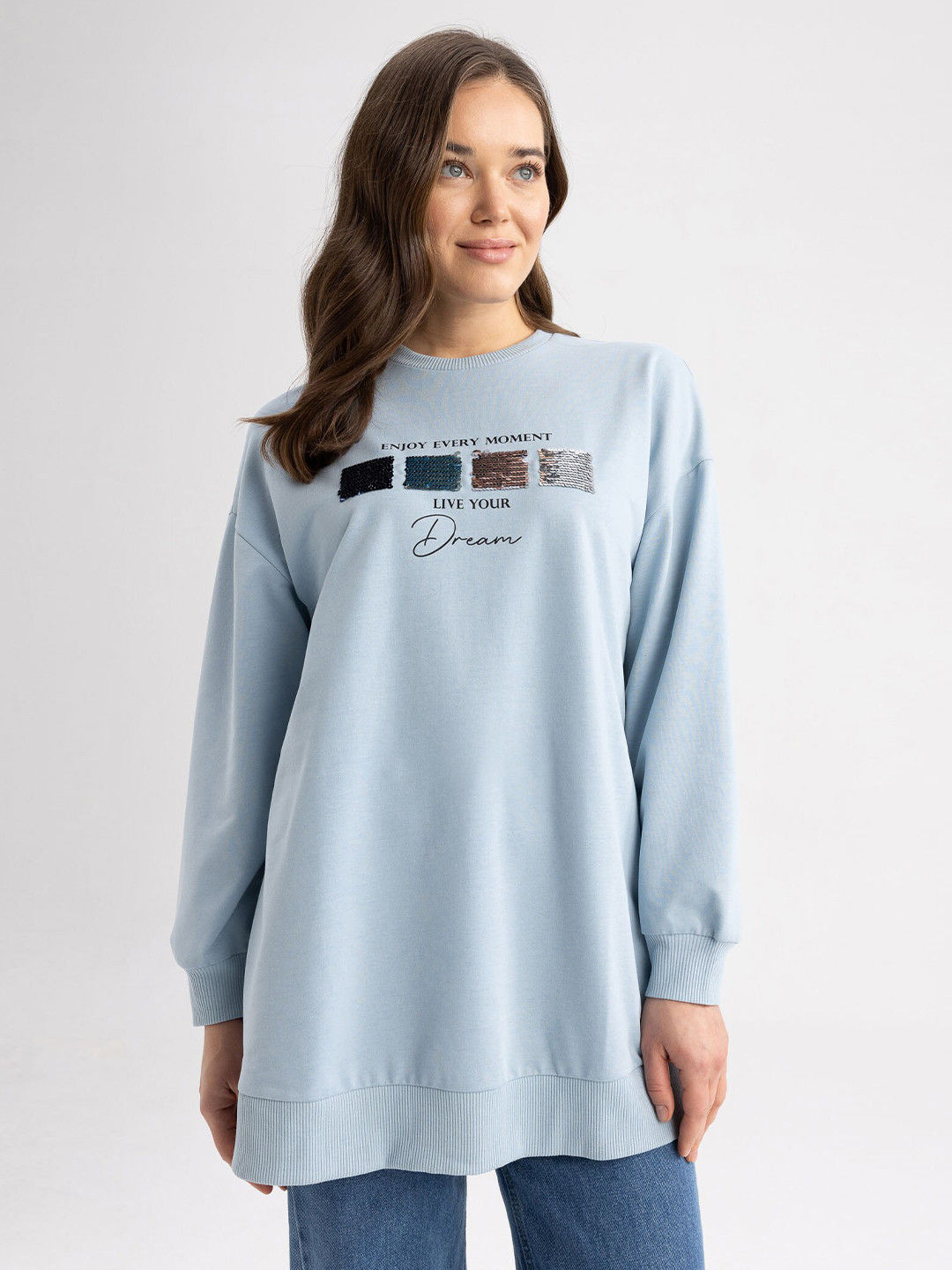 

DeFacto Women Printed Longline Sweatshirt, Blue