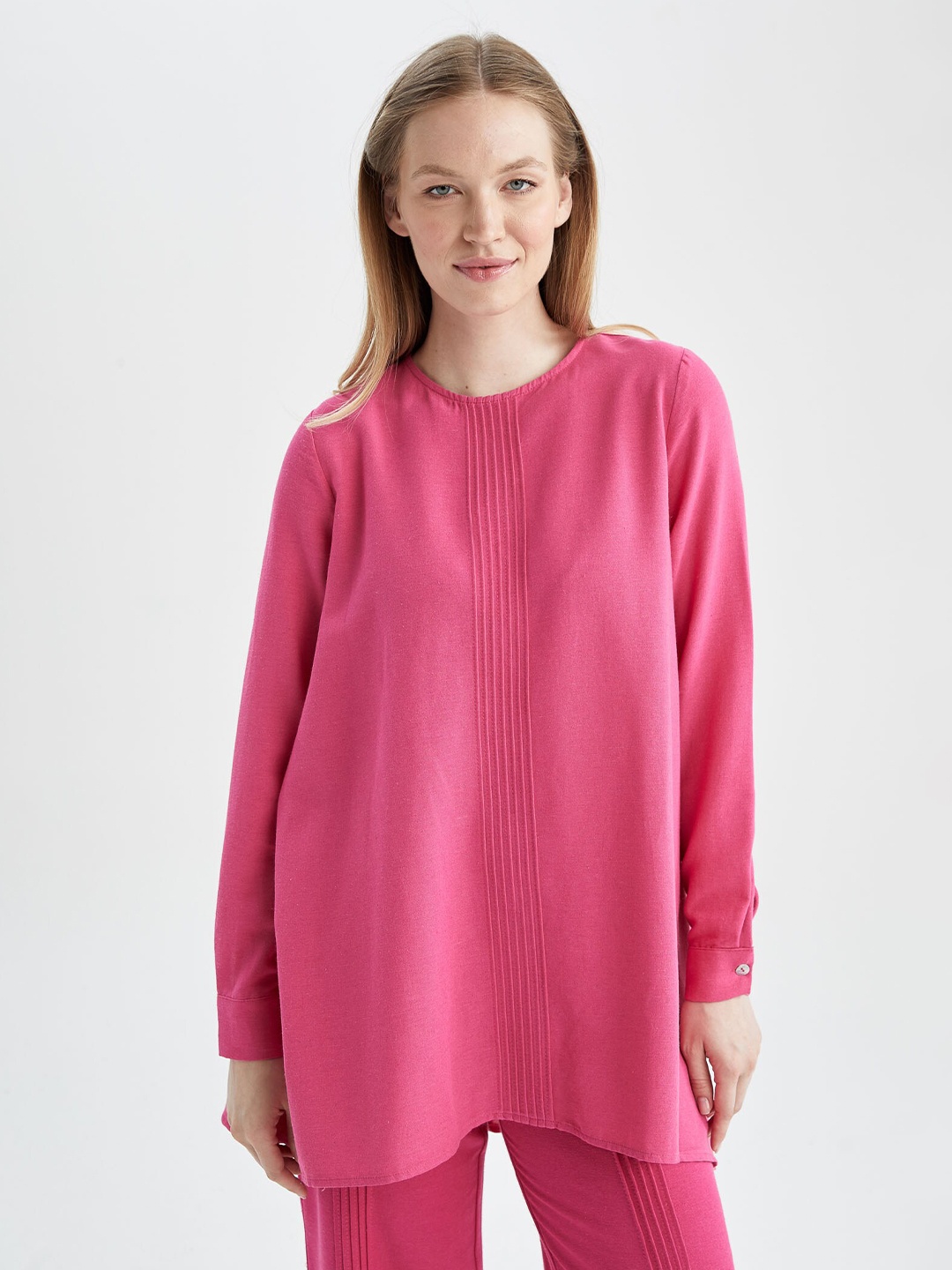 

DeFacto Round Neck Cuffed Sleeves Tunic, Pink