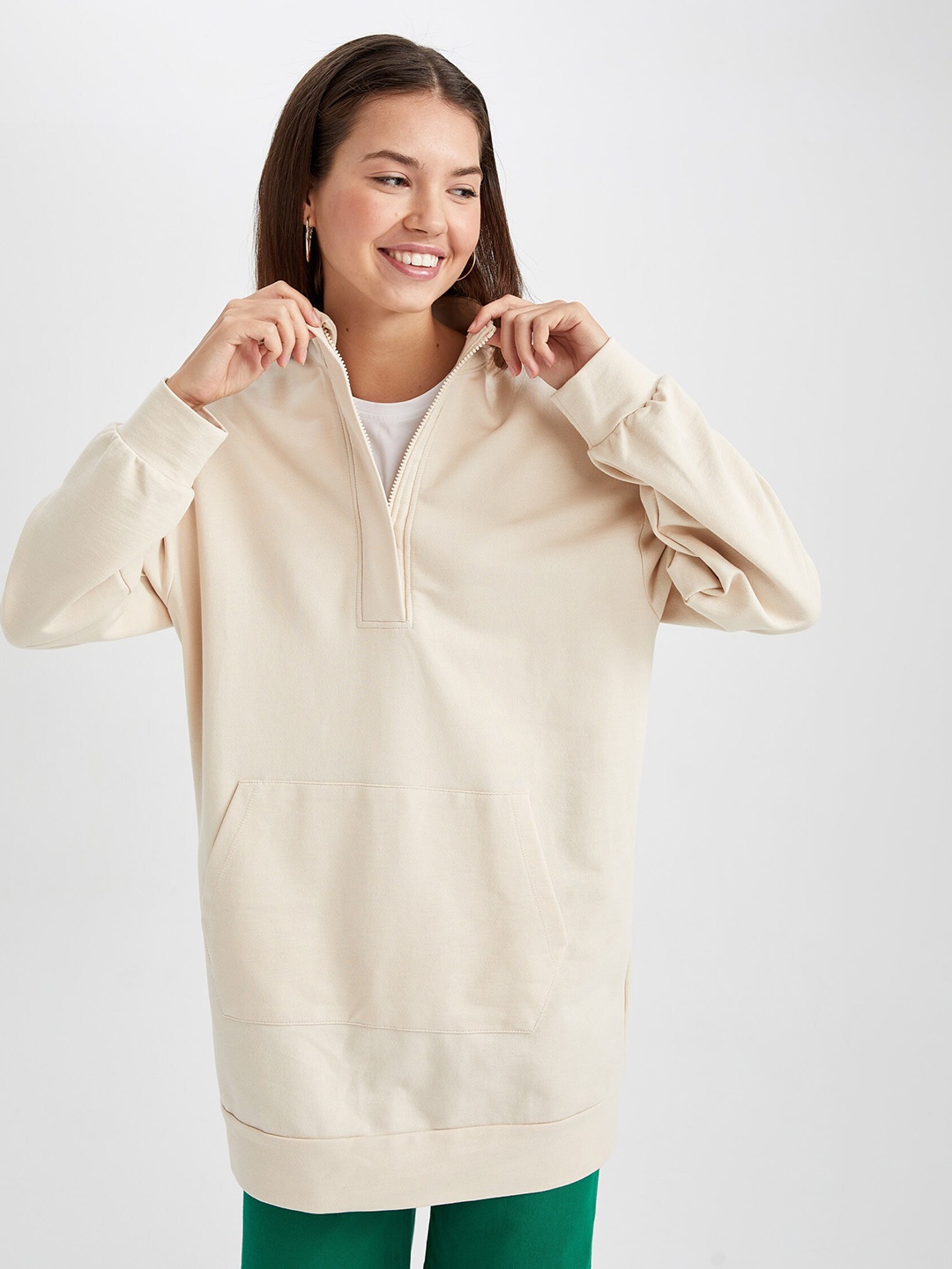 

DeFacto Women Longline Pullover Sweatshirt, Beige