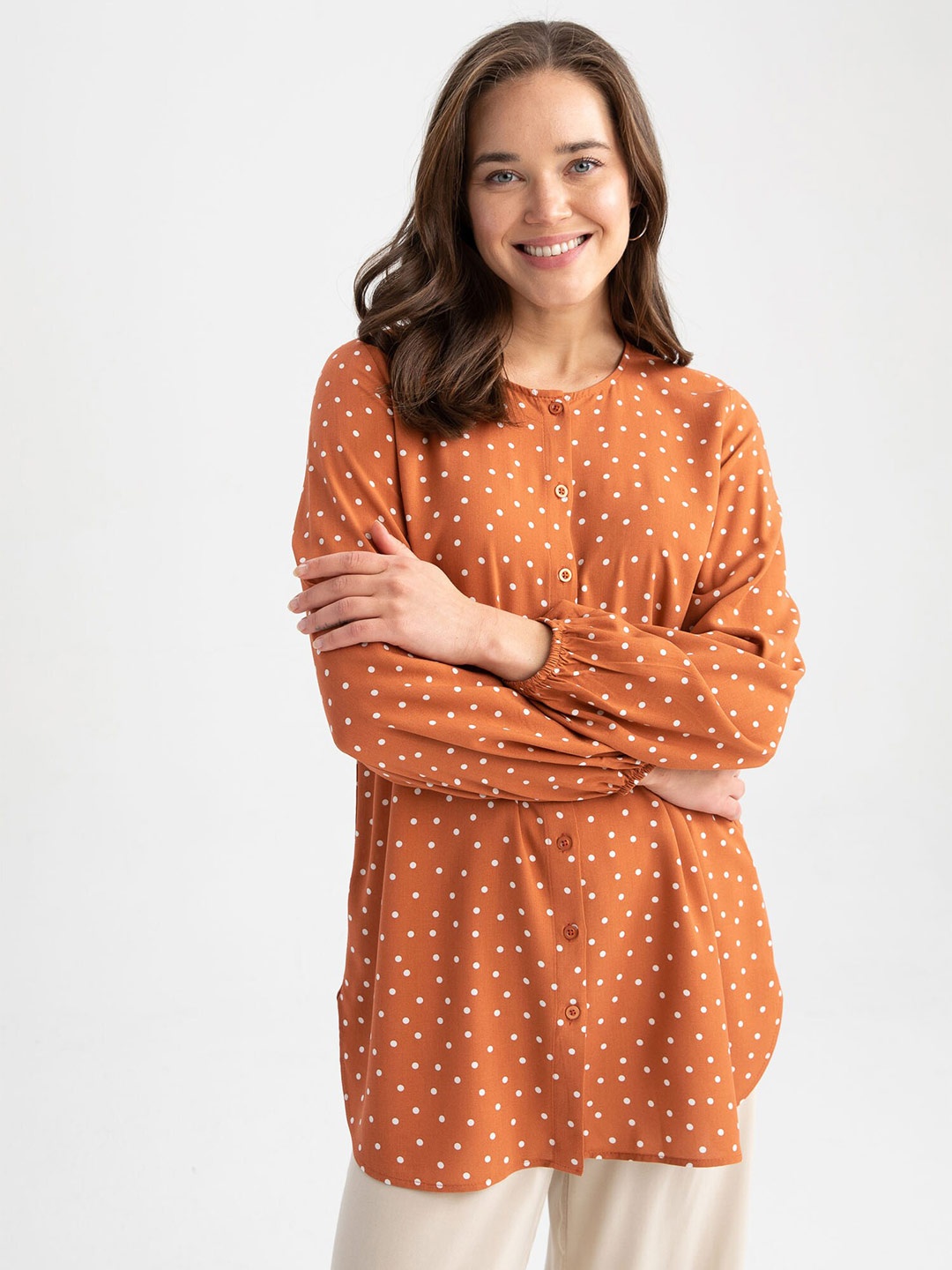 

DeFacto Polka Dots Printed Round Neck Tunic, Orange