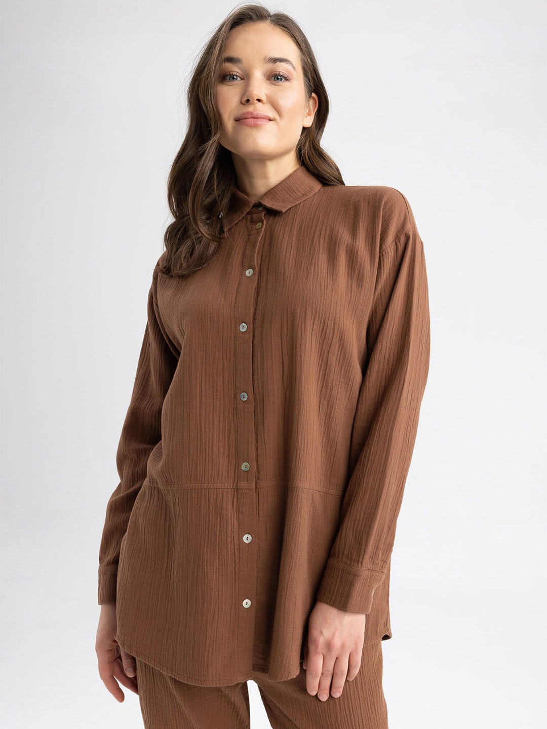 

DeFacto Spread Collar Opaque Longline Casual Shirt, Brown