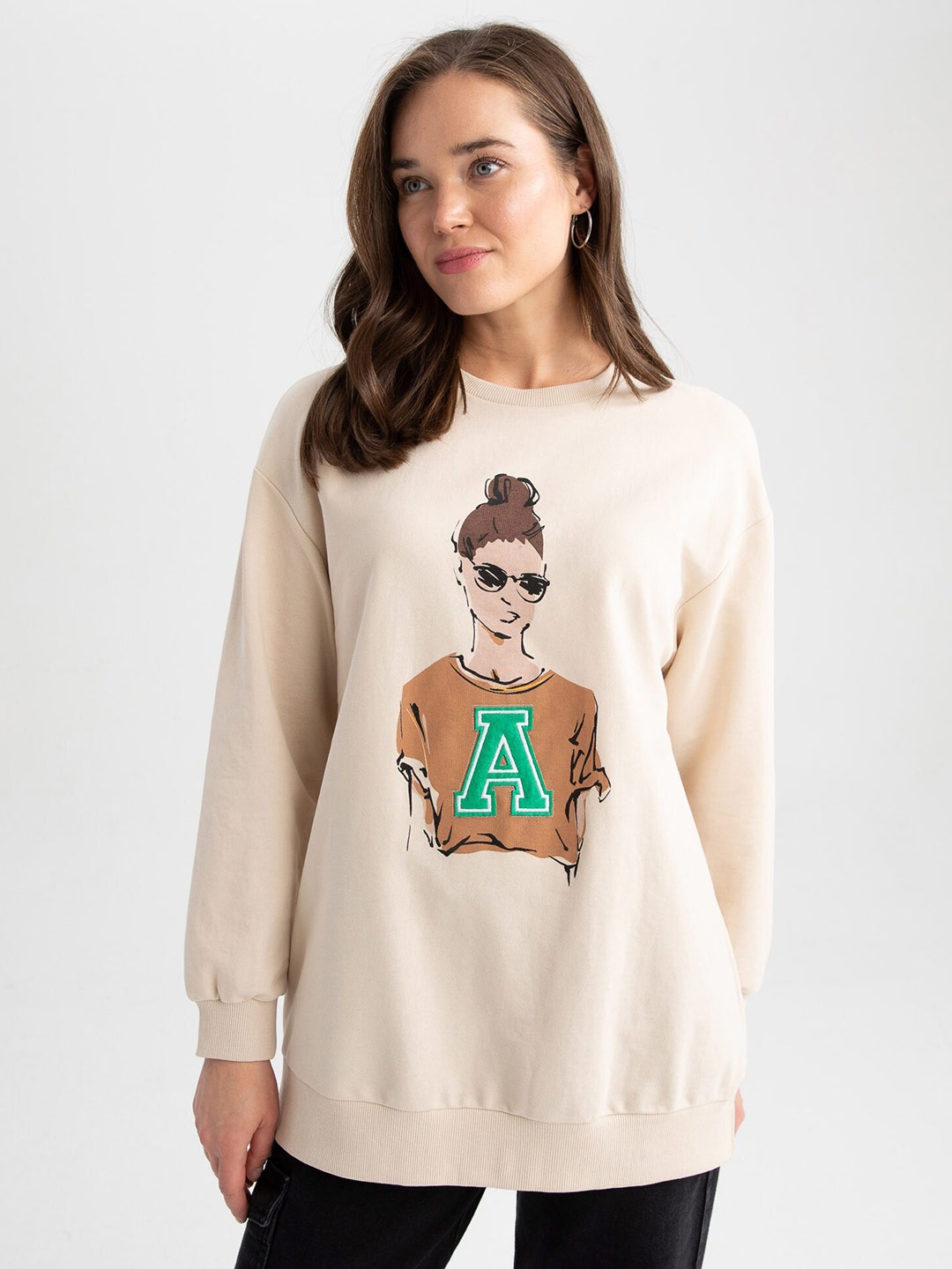 

DeFacto Women Printed Sweatshirt, Beige